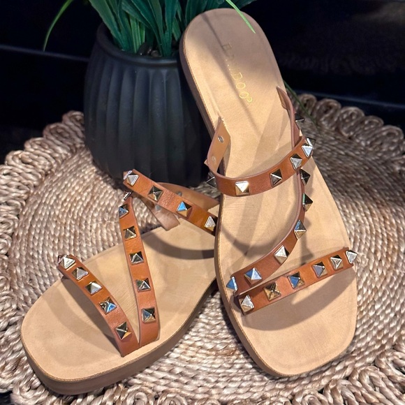 Brown slip on sandals with gold studs - Picture 1 of 6